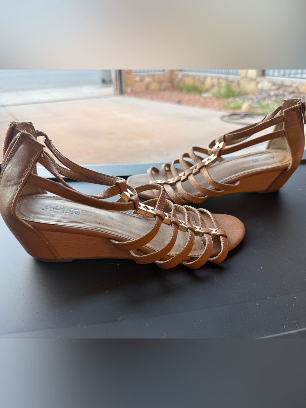 Apt. 9 Tan Strappy Wedge Sandals with Gold Accents